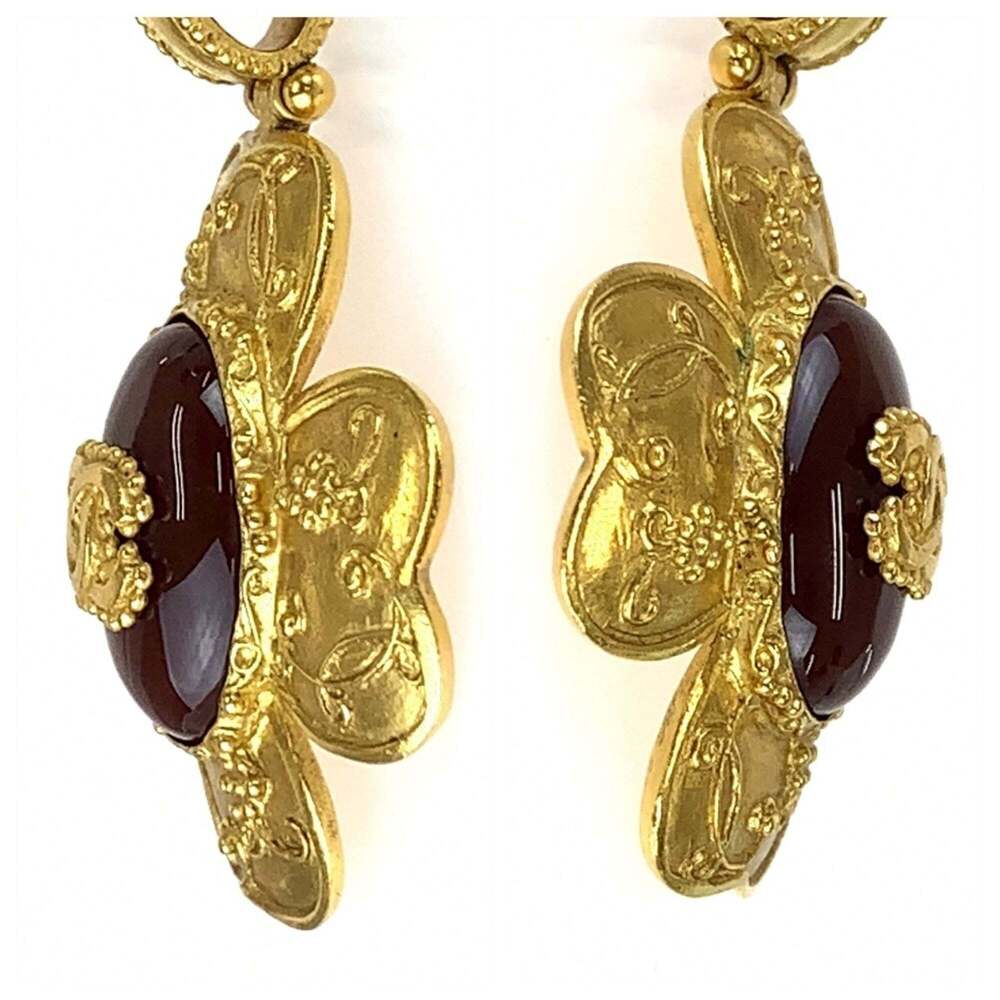 CHANEL Vintage Gripoix Coco Mark Stone Flower Gold Wine Red Plated Necklace P... - Picture 4 of 8